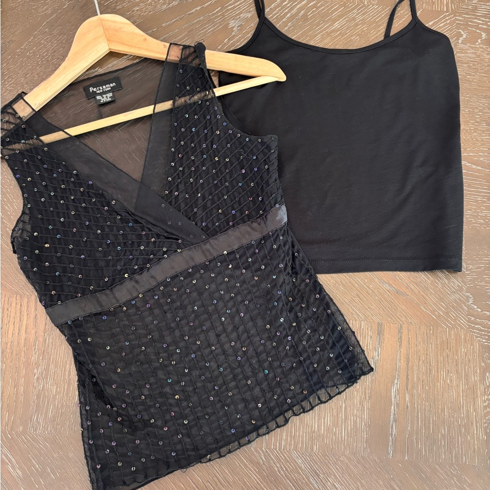 Vintage Black Sequin Wrap Tank Top
